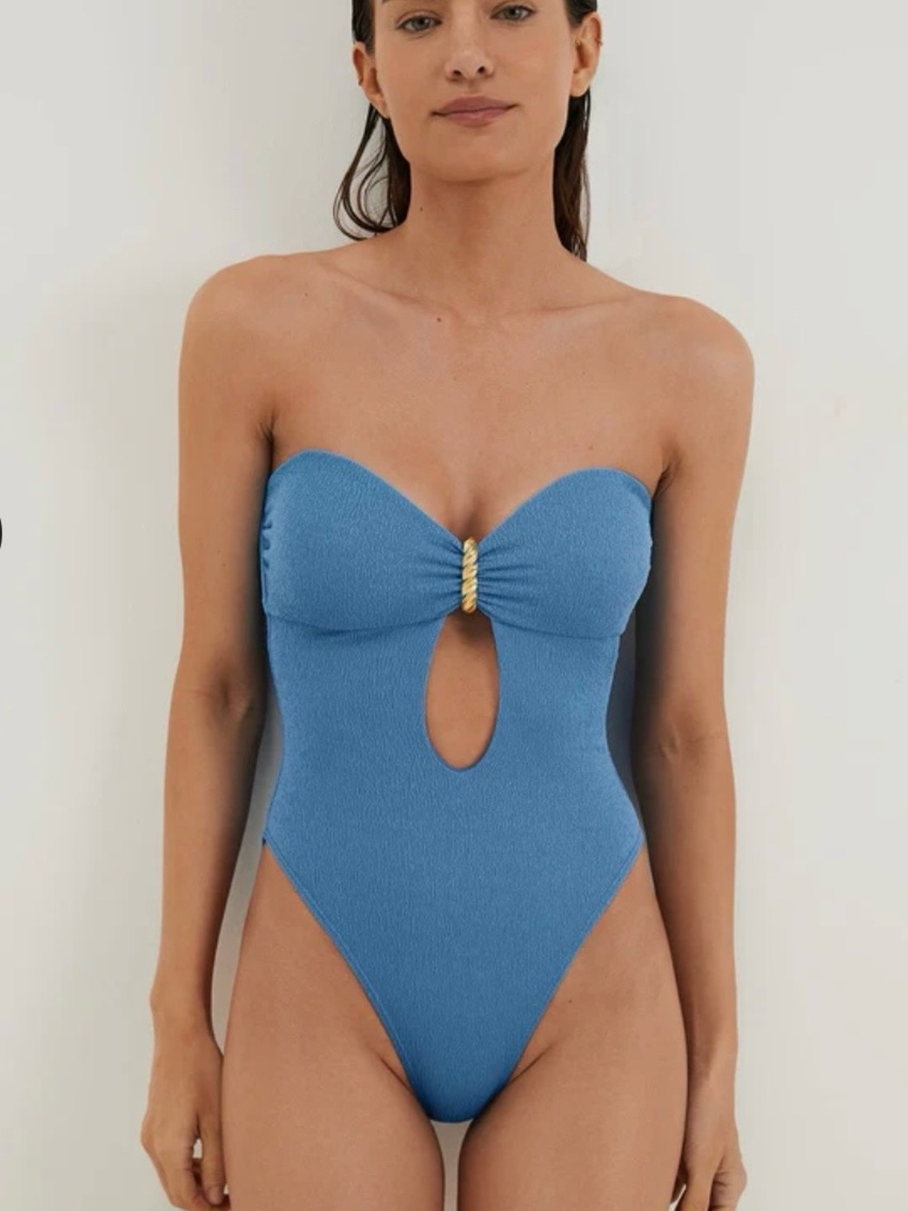 Strapless Blue One-Piece Swimsuit with Gold Accent